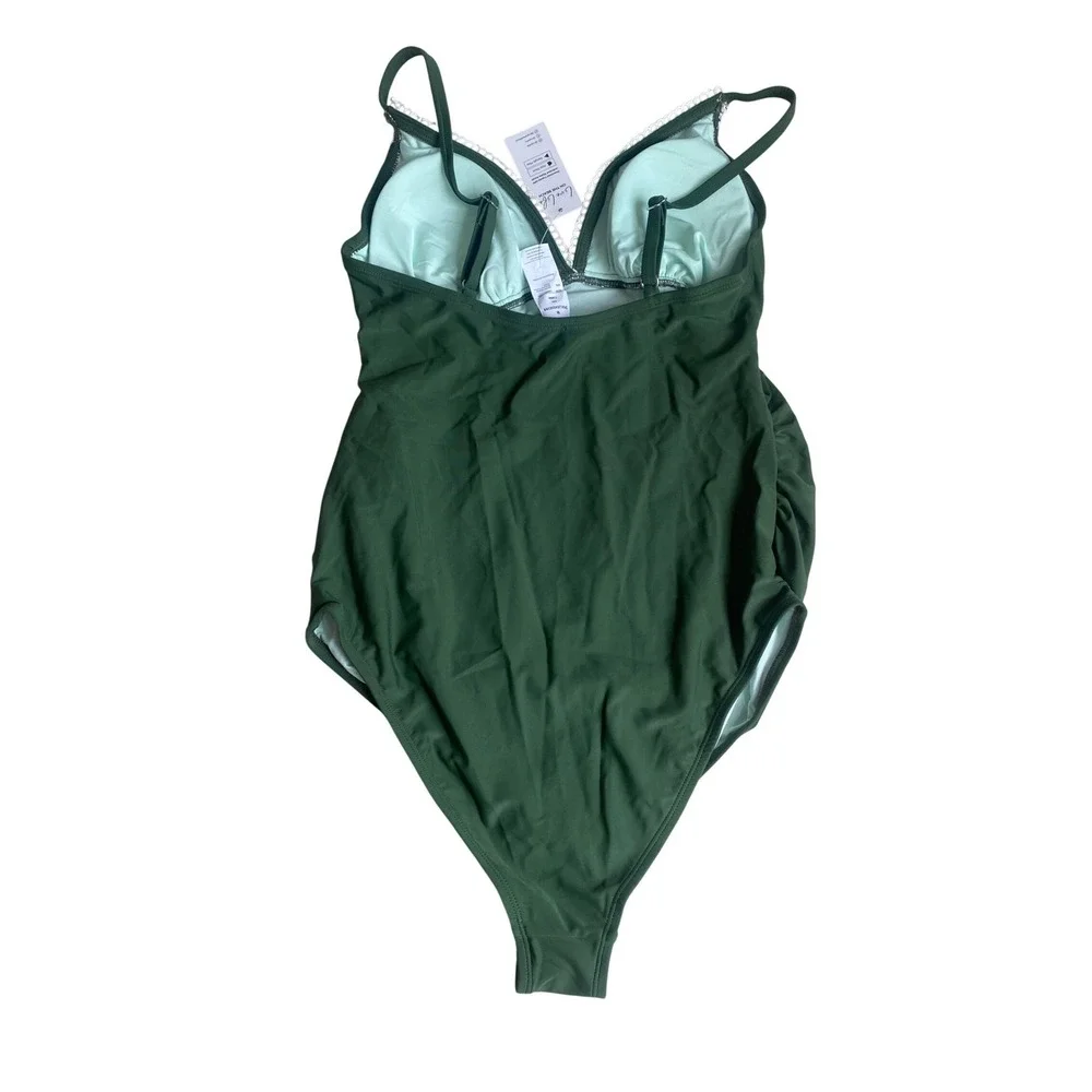 Cupshe Olive Green Ruched Lace Trim Plunging Neck OnePiece Swimsuit, Size M, NWT
